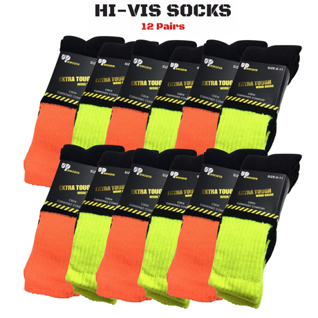 12x Pairs HI VIS SOCKS Workwear Work Safety High Visibility Fluro Cushioned BULK - Orange