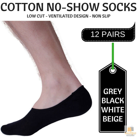 12x NO SHOW COTTON SOCKS Non Slip Heel Grip Low Cut Invisible Footlet Seamless - Black