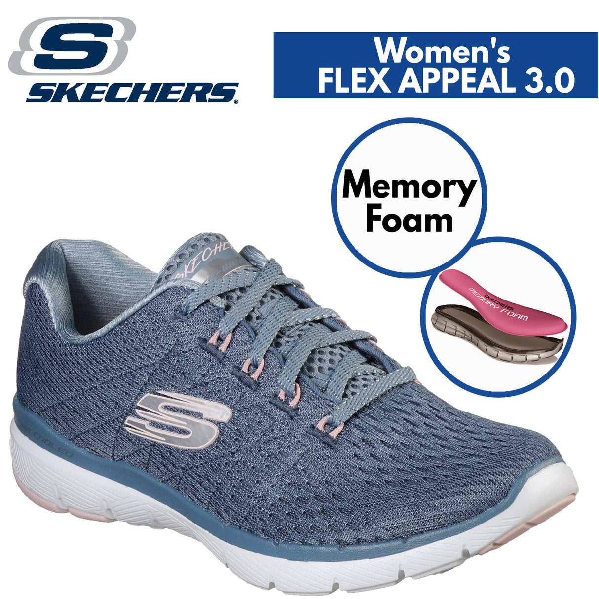 Skechers Womens Flex Appeal 3.0 Satellites Memory Foam Shoes Sneakers - Slate/Pink