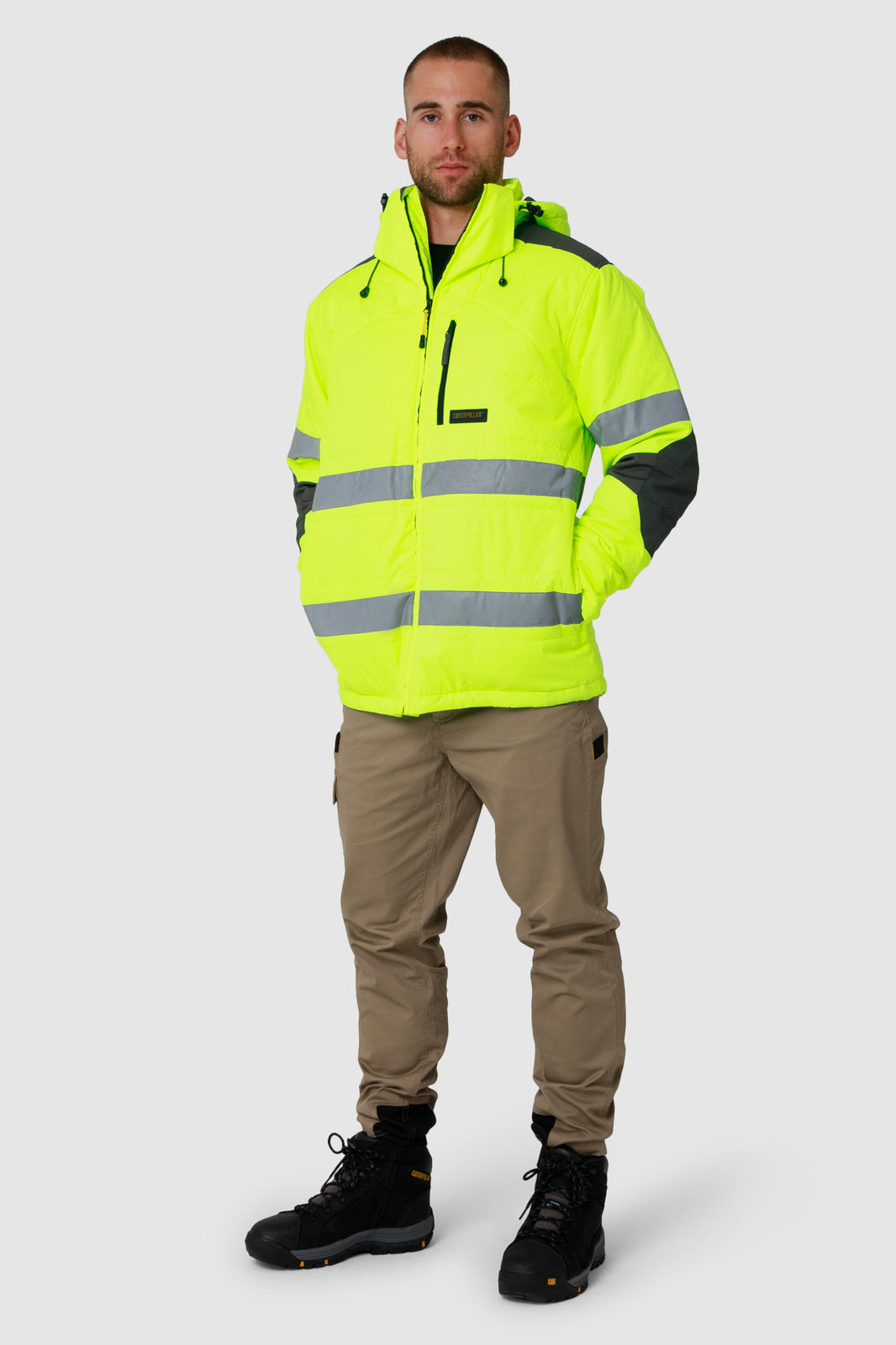 Caterpillar Mens Boreas Hi-Vis Puffer Jacket w Hood Water Resistant CAT - Yellow