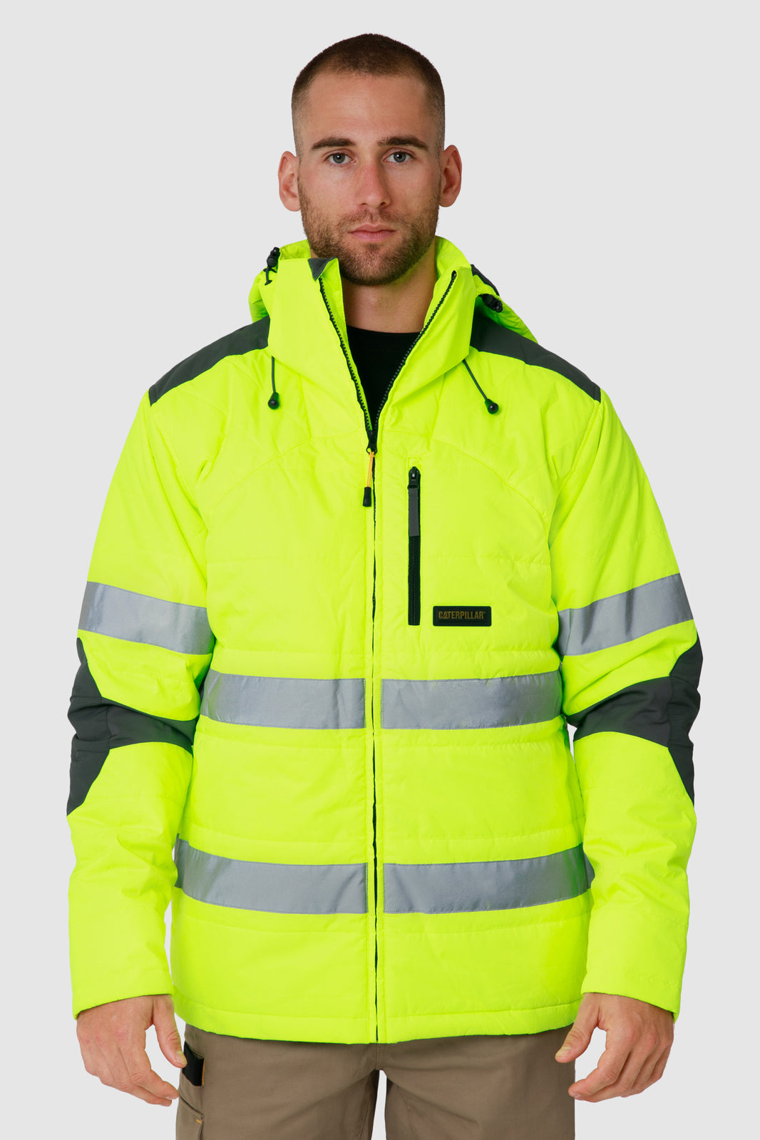 Caterpillar Mens Boreas Hi-Vis Puffer Jacket w Hood Water Resistant CAT - Yellow