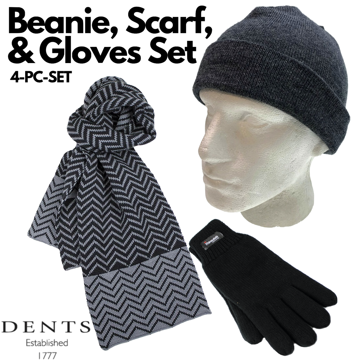 3pc Set Mens Charcoal 100% Pure Wool Fine Knit Beanie Hat Dents Knit Scarf Thinsulate Gloves