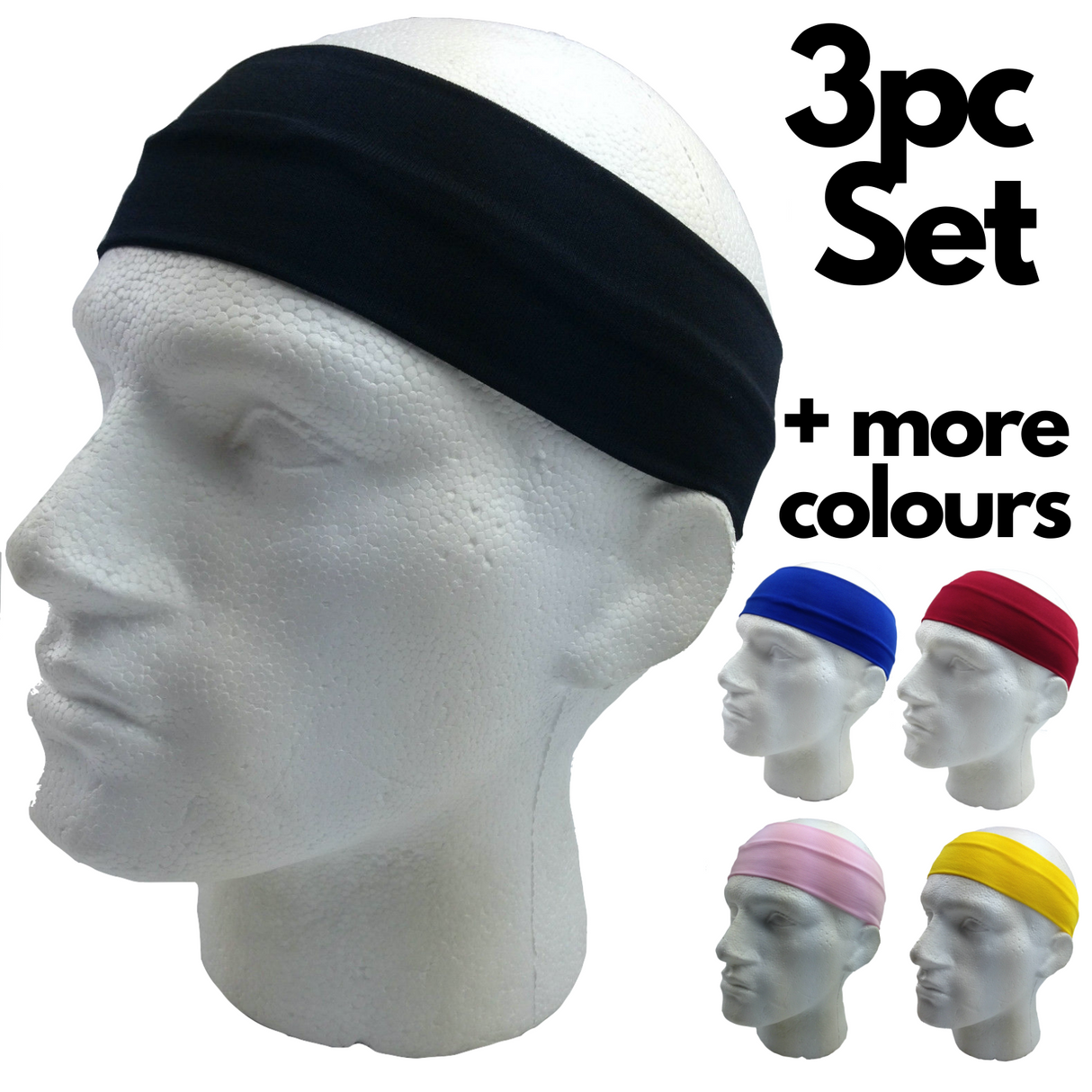 3pc Set Plain Headband Elastic Stretch Sports Yoga Hair Band Unisex Wide Wrap