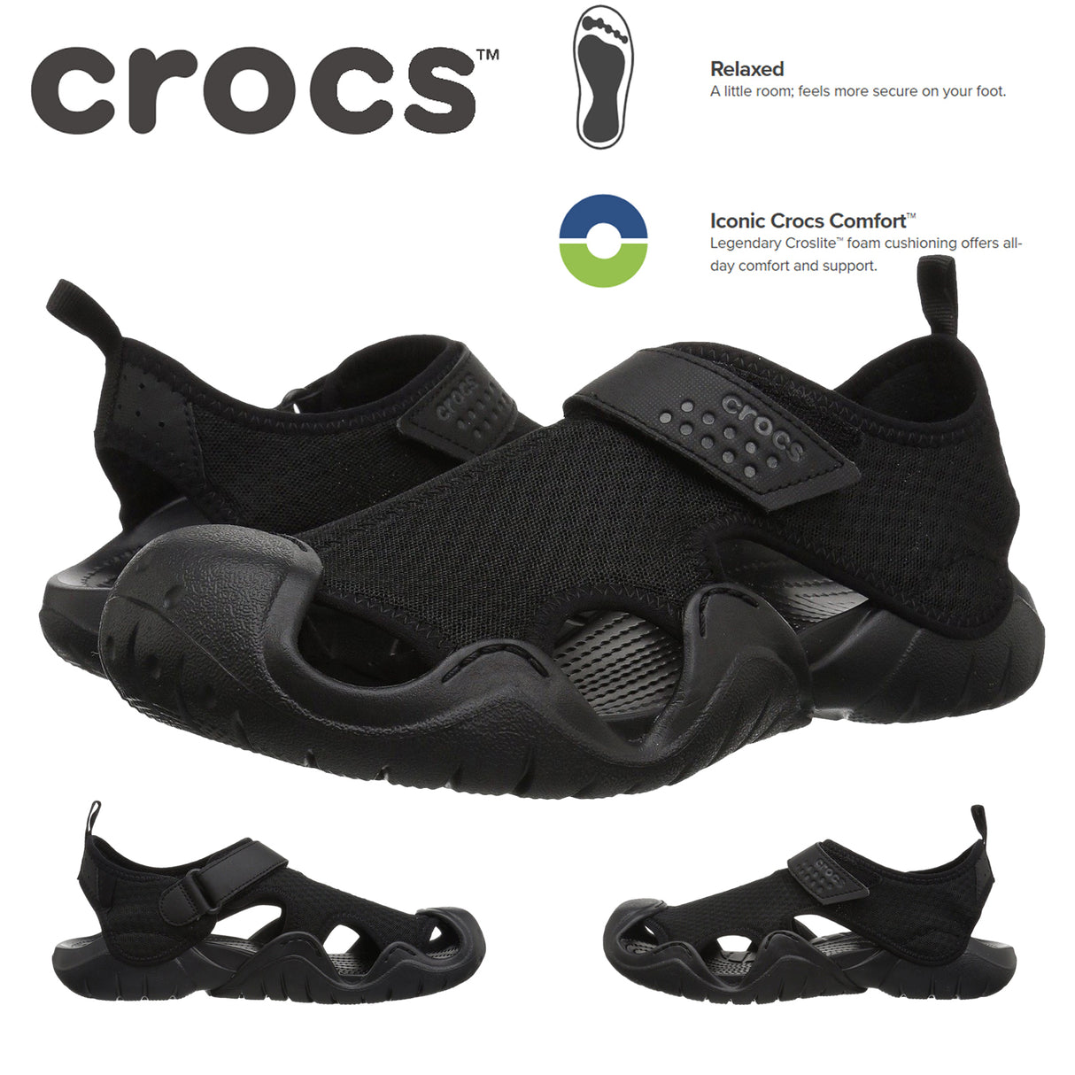 Crocs Mens Swiftwater Water Sandals Waterproof Shoes - Black/Black