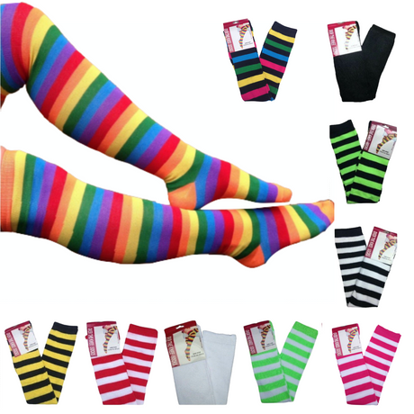 10x OVER THE KNEE SOCKS Plain Striped High Thigh Ladies Long Stocking BULK Price - Blue/White