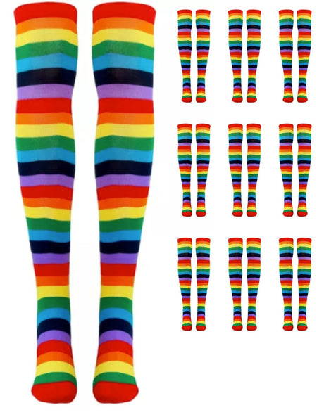 10x OVER THE KNEE SOCKS Plain Striped High Thigh Ladies Long Stocking BULK Price - Rainbow