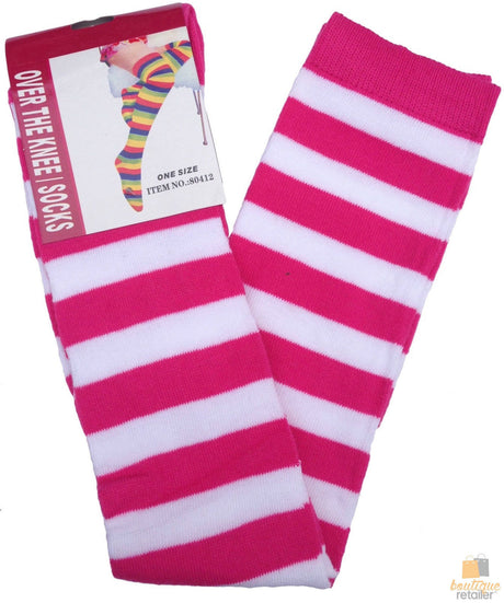 10x OVER THE KNEE SOCKS Plain Striped High Thigh Ladies Long Stocking BULK Price - Rainbow with Black Stripe