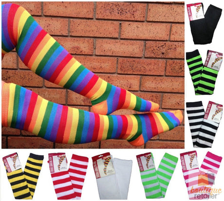 10x OVER THE KNEE SOCKS Plain Striped High Thigh Ladies Long Stocking BULK Price - Green/Black Stripe