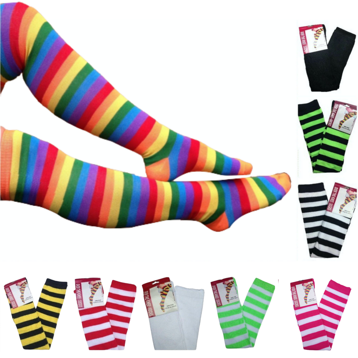 OVER THE KNEE SOCKS Plain Striped High Thigh Ladies Long Womens Stripey Stocking