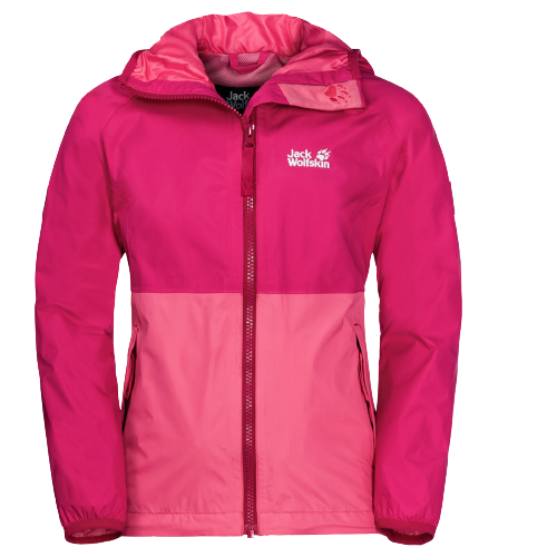 Jack Wolfskin Rainy Day Girls Jacket Pockets High-vis Waterproof Hooded Zip Kids