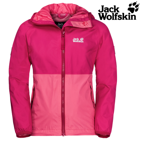 Jack Wolfskin Rainy Day Girls Jacket Pockets High-vis Waterproof Hooded Zip Kids - Tropic Pink