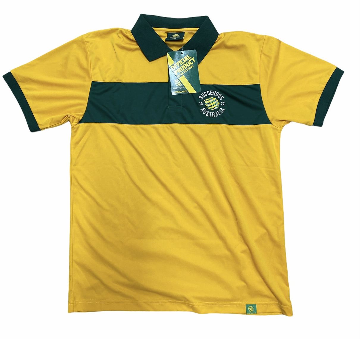 Olympic Socceroos Mens Chest Panel SS Football Polo Tee Shirt Soccer - Yellow/Green