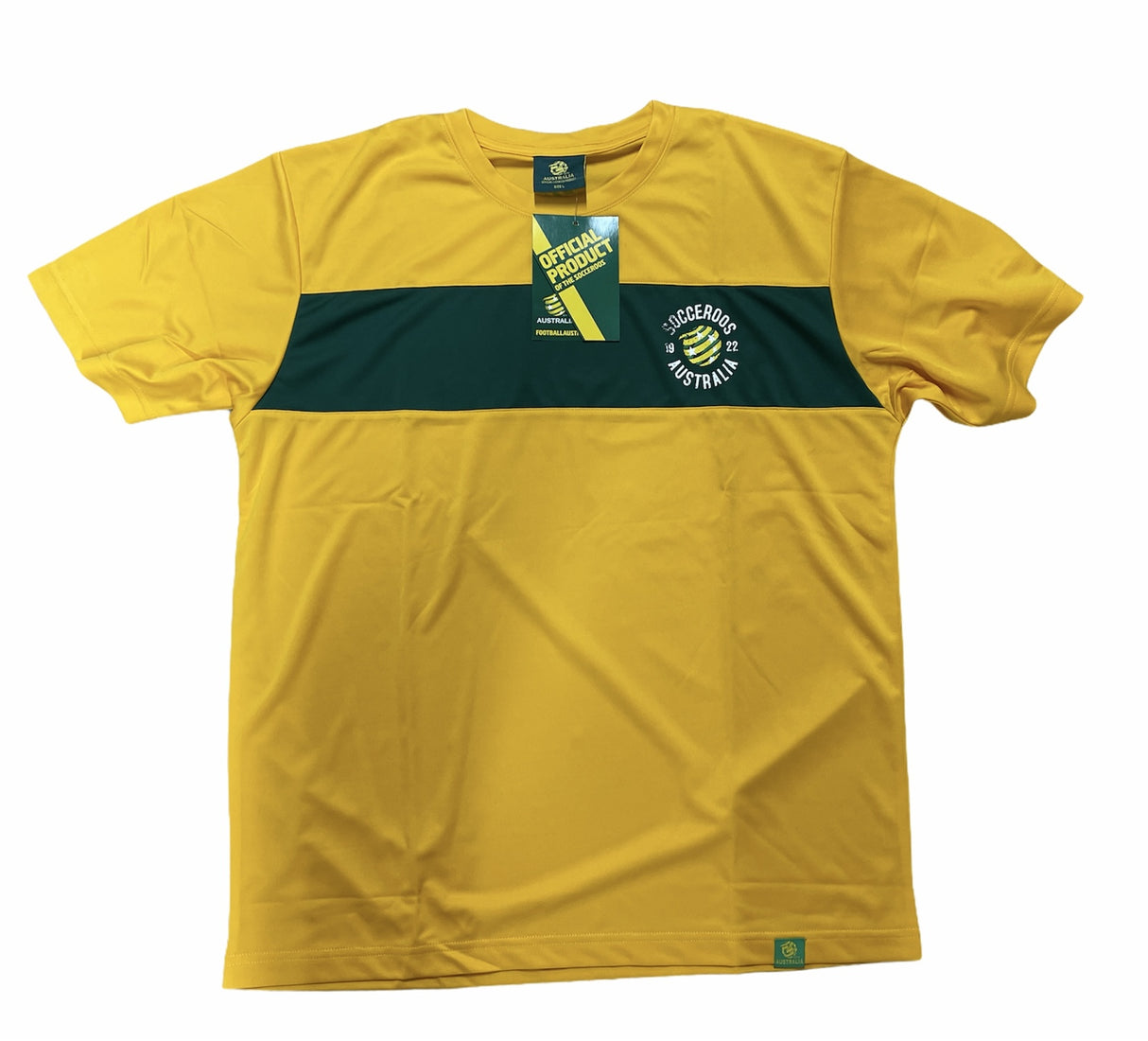 New Socceroos Mens Chest Panel SS Football Tee Shirt Soccer Olympics - Yellow/Green