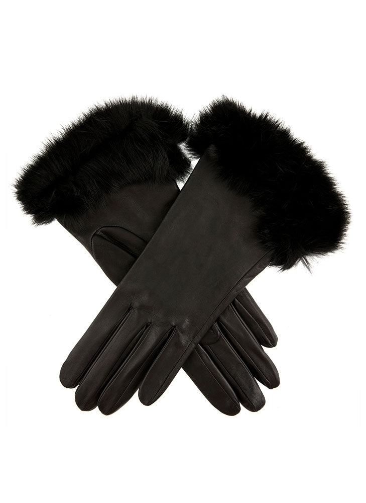 Dents Womens Silk Lined Leather Gloves with Fur Cuffs - Black/Rose