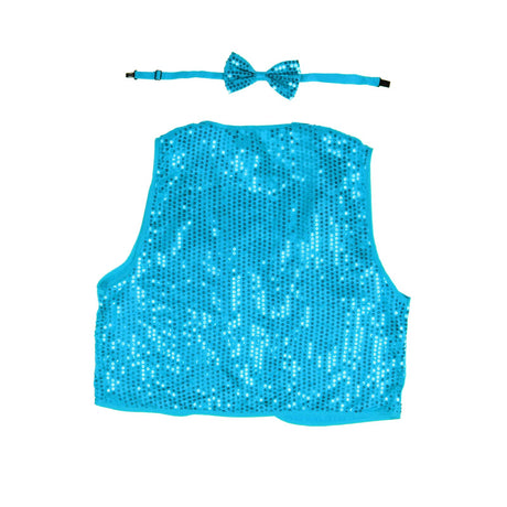 Kids Sequin Vest Bow Tie Set Costume 80s Party Dress Up Waistcoat - Sky Blue