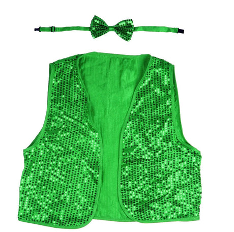 Kids Sequin Vest Bow Tie Set Costume 80s Party Dress Up Waistcoat - Green