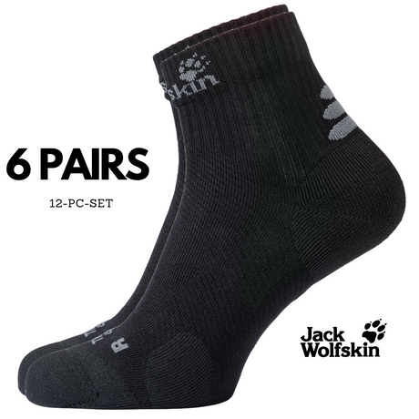 6 Pairs Jack Wolfskin Cotton Socks Travel Organic Mid Cut Hiking Trekking Ankle - Black