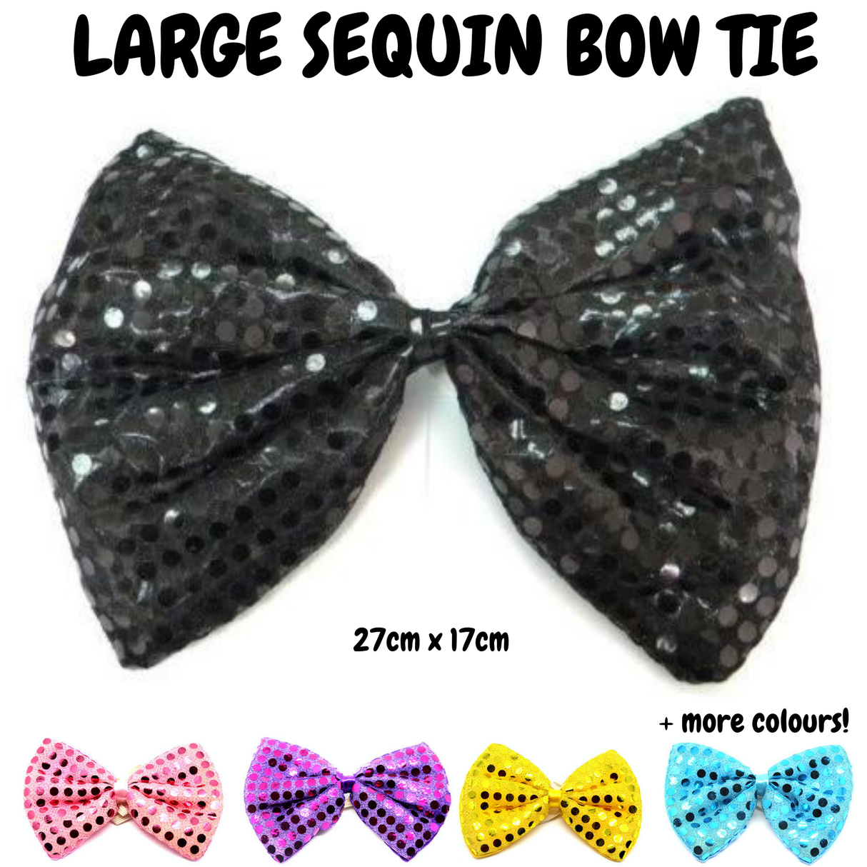 LARGE BOW TIE Sequin Polka Dots Bowtie Big King Size Party  Costume - Black