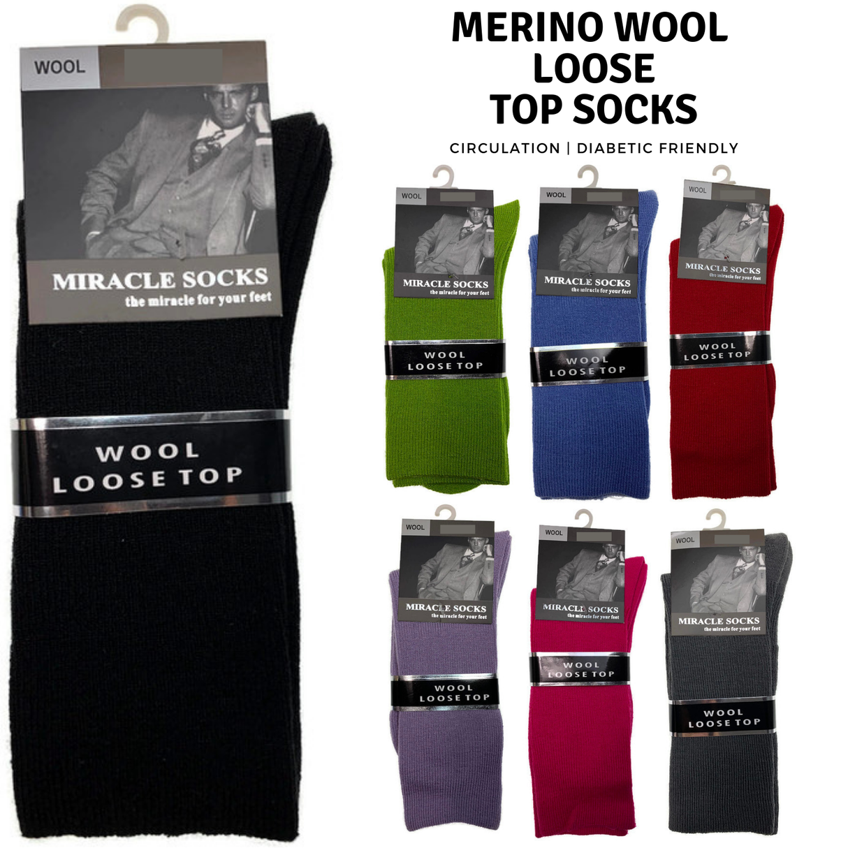 1x Pair MERINO WOOL Rich LOOSE TOP SOCKS Dress Medical Circulation