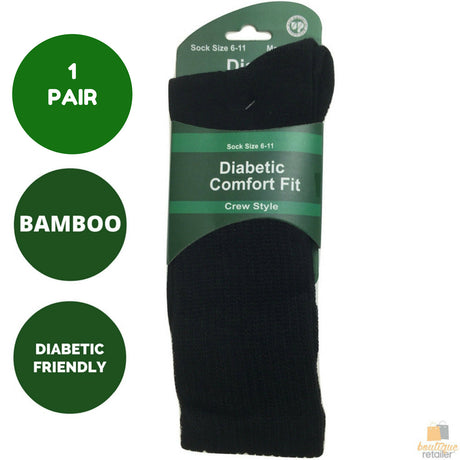 1 Pair DIABETIC BAMBOO Socks Work Socks Medical Loose Top Crew Cushion BLACK