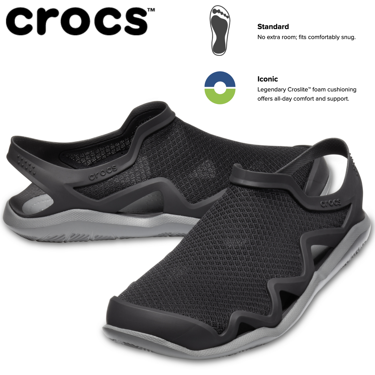 Crocs Mens Swiftwater Mesh Wave Clogs Sandals Slides River Waterproof - Black/Slate Grey