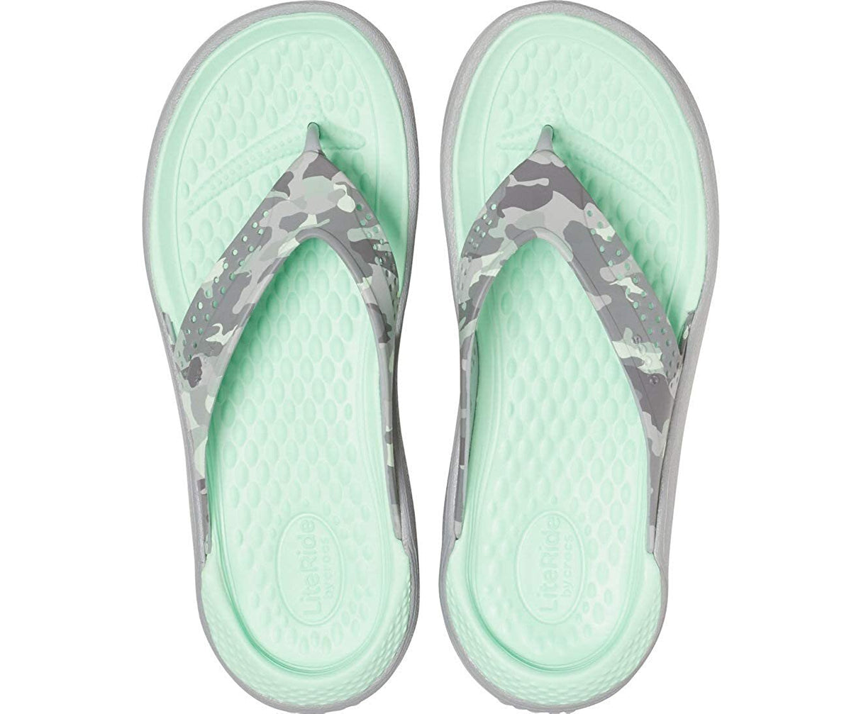 Crocs Adult LiteRide Printed Camo Flip Flops Thongs Slip On Slides - Mint/Light Grey