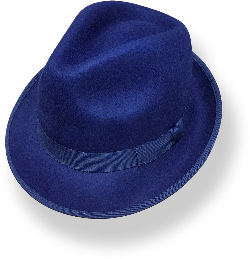 Mens Wool Felt Fedora Hat Bow Rim Winter Warm - Navy Blue