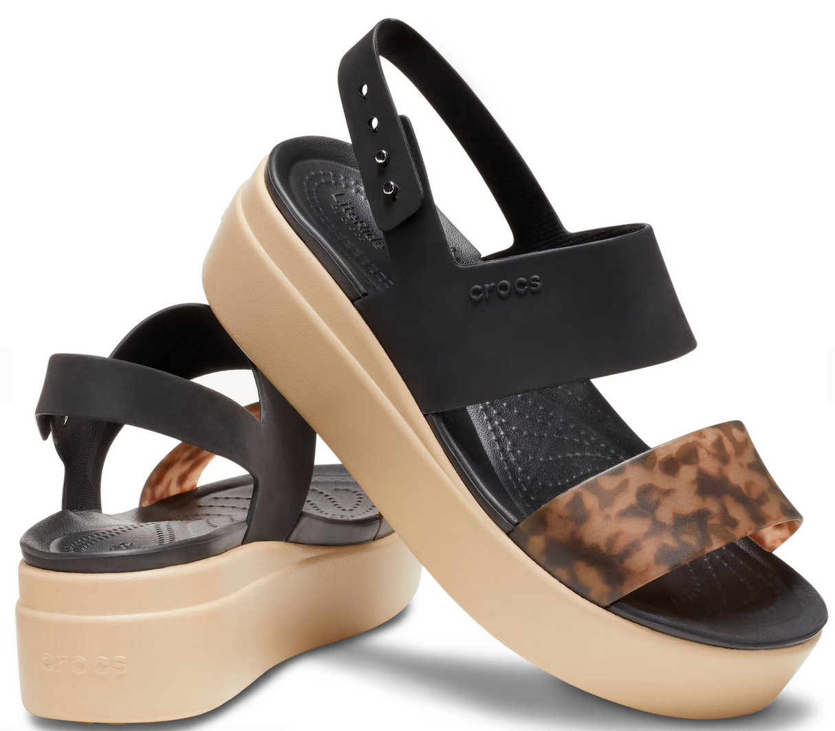 Crocs Womens Brooklyn Tortoise Low Wedge Lightweight Sandals - Black/Multi