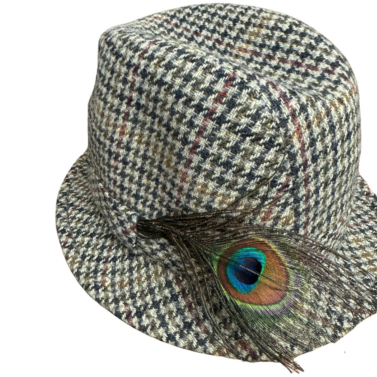 100% Wool Tweed Downbeat Brim Hat with Peacock Feather Trilby 56cm