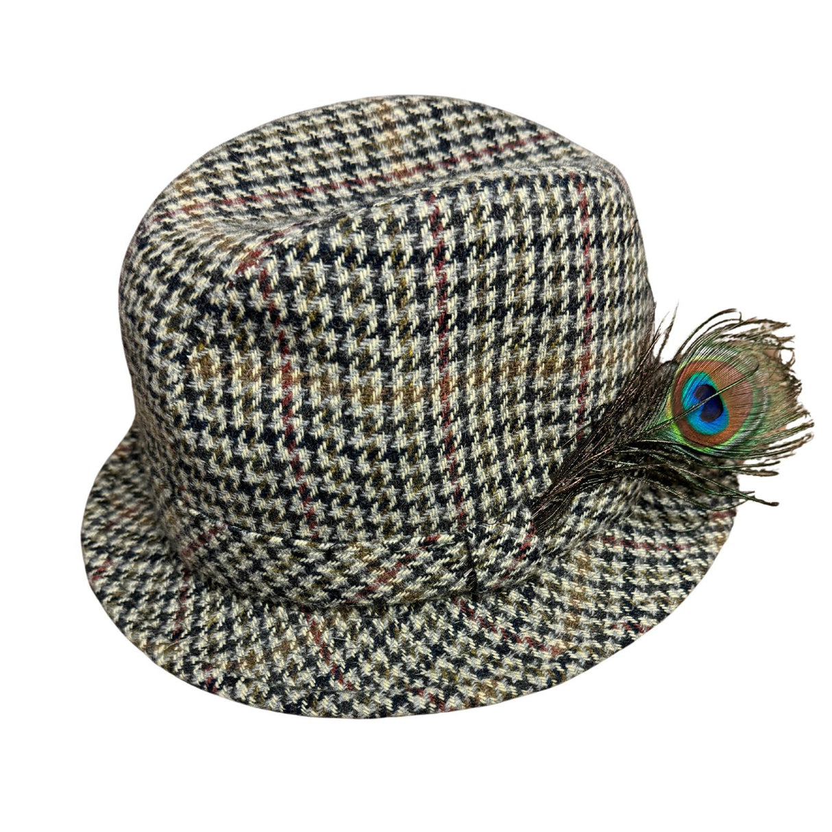 100% Wool Tweed Downbeat Brim Hat with Peacock Feather Trilby 56cm