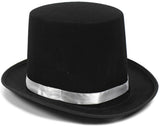 BLACK SATIN TOP HAT w Silver Ribbon Band Costume Mad Hatter Party Magician