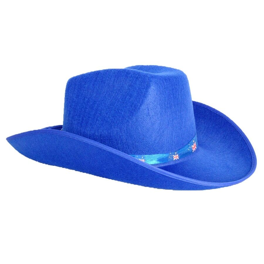 Blue Felt Cowboy Hat with Australian Flag Ribbon - Festival Costume Accessory