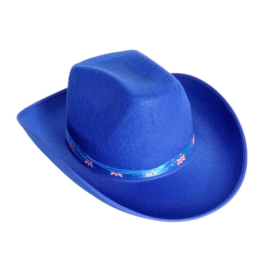 Blue Felt Cowboy Hat with Australian Flag Ribbon - Festival Costume Accessory