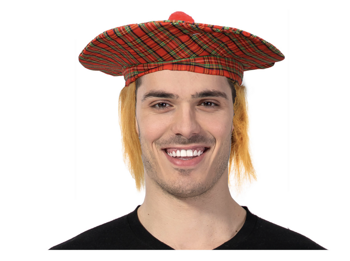 SCOTTISH HAT Tam O'Shanter Fancy Dress Costume with Hair Tartan Cap Party