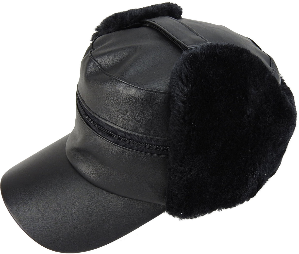 Mens Tractor Ushanka Hat Fox Fur Leather Cap Trapper Warm Winter - Black