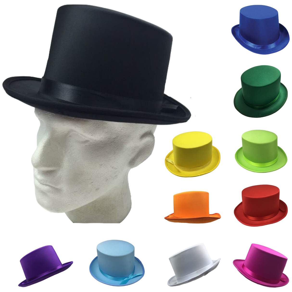 2x SATIN TOP HAT Costume Party Cap Fancy Dress Trilby Fedora One Size - Black