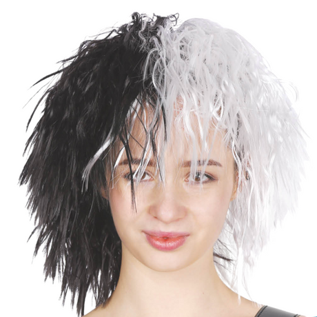 EVIL LADY WIG Messy Curly Hair Costume Dalmatian Villain Fancy Dress Accessory - Black/White