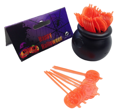 HALLOWEEN Cauldron Cupcake Party Picks Plastic Decoration Pumpkin Toothpicks - Orange