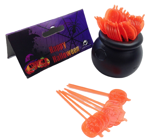 HALLOWEEN Cauldron Cupcake Party Picks Plastic Decoration Pumpkin Toothpicks - Orange