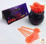 HALLOWEEN Cauldron Cupcake Party Picks Plastic Decoration Pumpkin Toothpicks - Orange