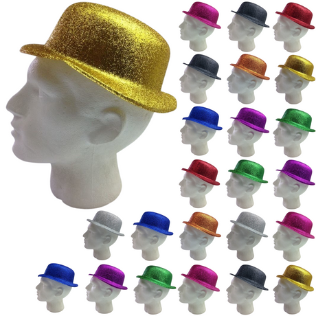 24x GLITTER BOWLER HAT Fancy Party Plastic Costume Cap Fun Dress Up Sparkle BULK - Blue