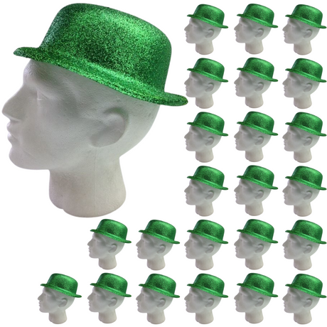 24x GLITTER BOWLER HAT Fancy Party Plastic Costume Cap Fun Dress Up Sparkle BULK - Lime Green