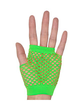 24 Pair Fishnet Gloves Fingerless Wrist Length 70s 80s Costume Party Fluro Green