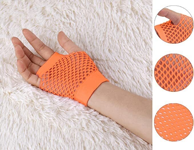 24 Pair Fishnet Gloves Fingerless Wrist Length 70s 80s Costume Party - Orange