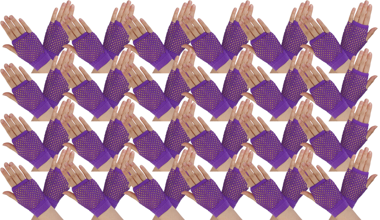 24 Pair Fishnet Gloves Fingerless Wrist Length 70s 80s Costume Party - Purple