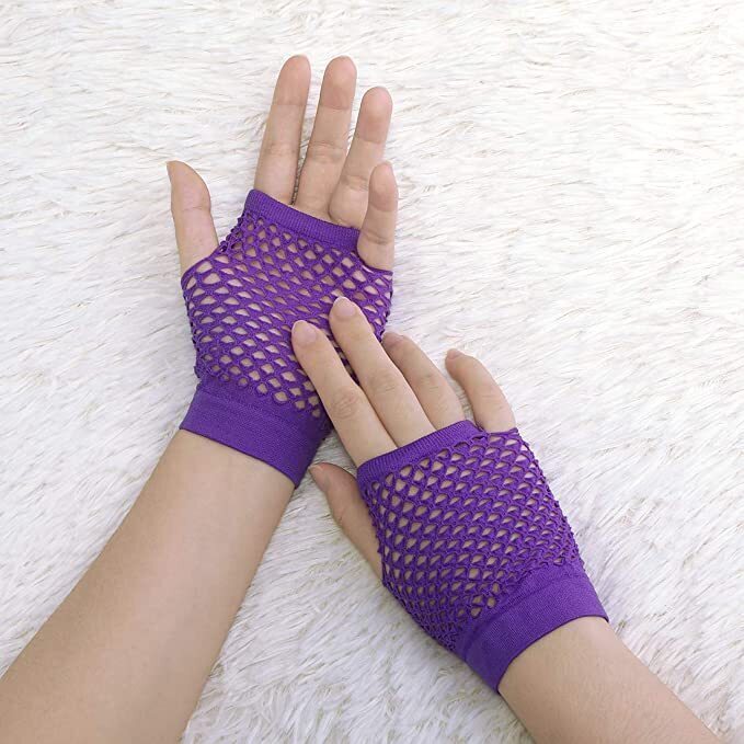 24 Pair Fishnet Gloves Fingerless Wrist Length 70s 80s Costume Party - Purple