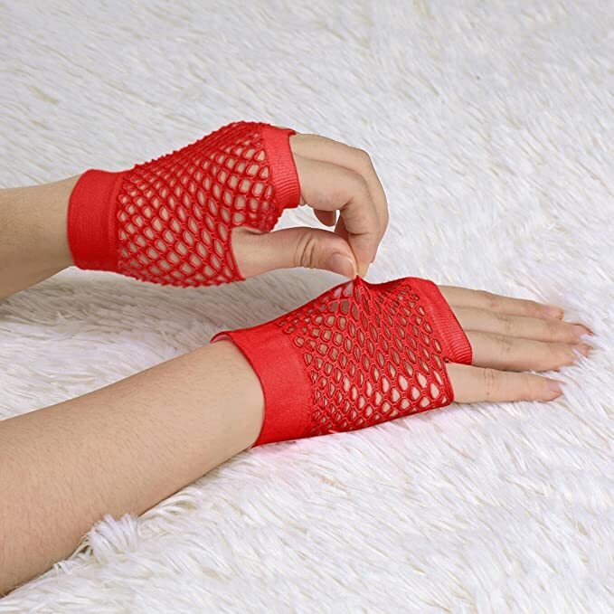 24 Pair Fishnet Gloves Fingerless Wrist Length 70s 80s Costume Party Bulk - Red