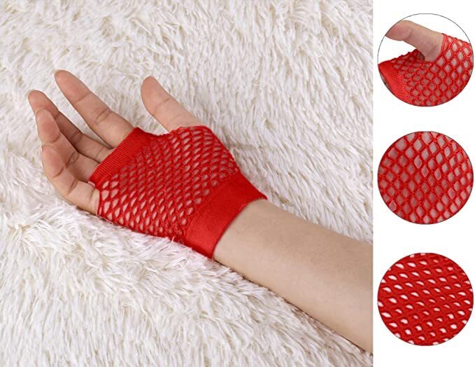 24 Pair Fishnet Gloves Fingerless Wrist Length 70s 80s Costume Party Bulk - Red