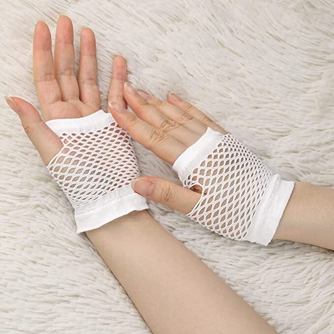 24 Pair Fishnet Gloves Fingerless Wrist Length 70s 80s Costume Party - White