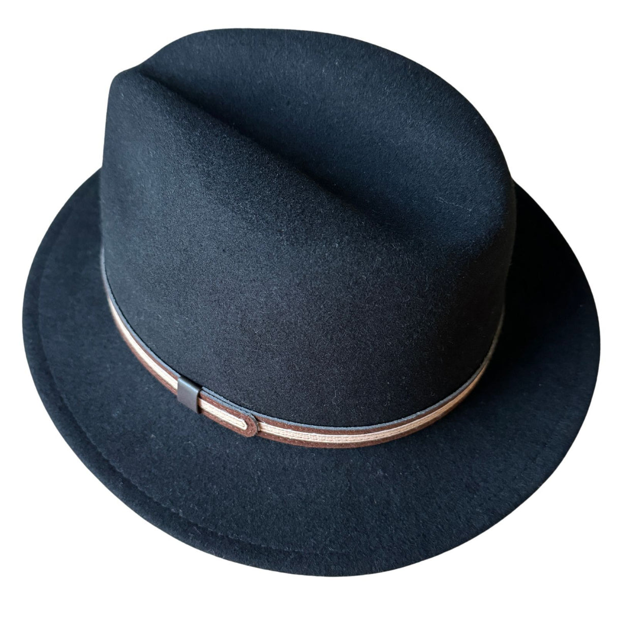 Mens 100% Wool Casual Felt Safari Hat with Two Tone Leather Look Trim in Black